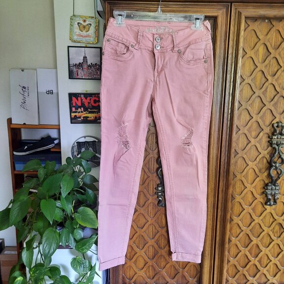 Wallflower Cuffed Ankle Distressed Crop Skinny Jeans - Pink, Size XS - Picture 2 of 16